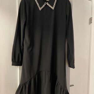 Black Long-Sleeve Dress with Embellished Collar
